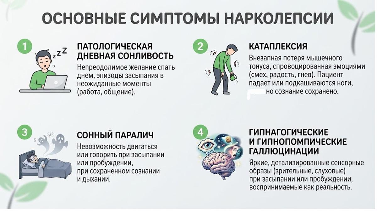 Инфографика: основные симптомы нарколепсии (дневная сонливость, катаплексия, сонный паралич, гипнагогические галлюцинации).